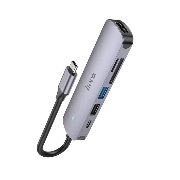 Adapteris Hoco HB28 Type-C Multi-Function Converter HDMI+USB3.0+USB2.0+SD+TF+PD pilkas 1