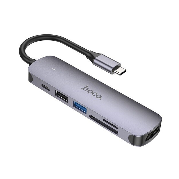 Adapteris Hoco HB28 Type-C Multi-Function Converter HDMI+USB3.0+USB2.0+SD+TF+PD pilkas 2