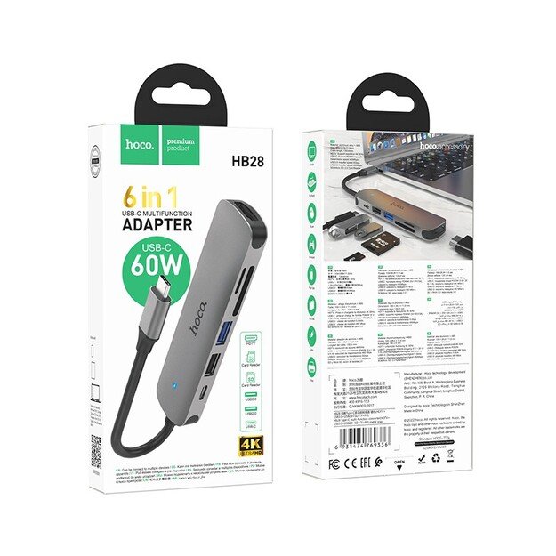 Adapteris Hoco HB28 Type-C Multi-Function Converter HDMI+USB3.0+USB2.0+SD+TF+PD pilkas 5