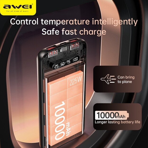 I&scaron;orinė baterija Power Bank Awei P10K 22.5W 10000mAh juoda 3