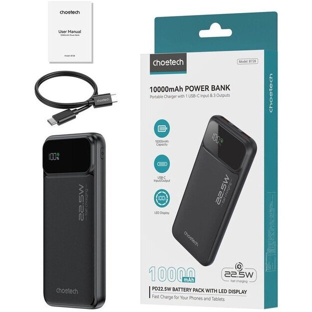 I&scaron;orinė baterija Power Bank Choetech B728 22.5W 10000mAh juoda 5