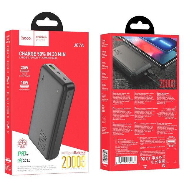 I&scaron;orinė baterija Power Bank Hoco J87A Type-C PD 20W+Quick Charge 3.0 20000mAh juodas 4