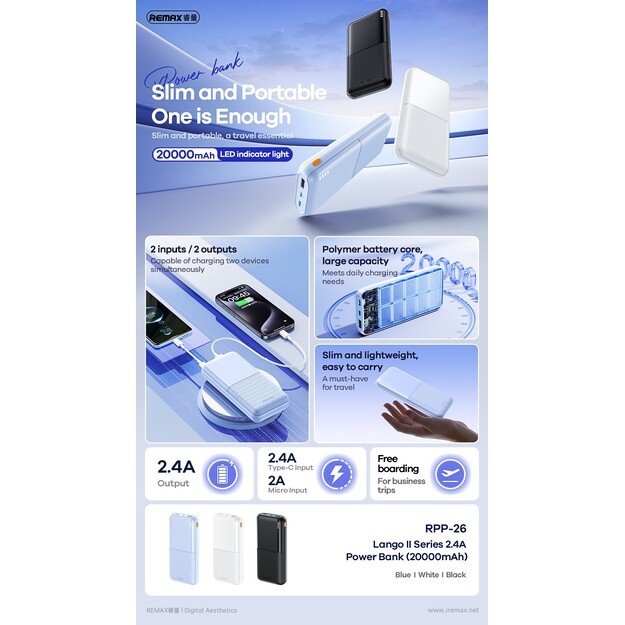 I&scaron;orinė baterija Power Bank Remax RPP-26 12W 20000mAh juoda 1