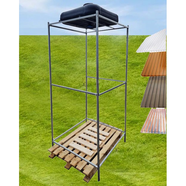 Dušo kabina lauko su polikarbonatine danga ir užuolaidomis su mediniu padėklu (galimi įvairūs dangos atspalviai)