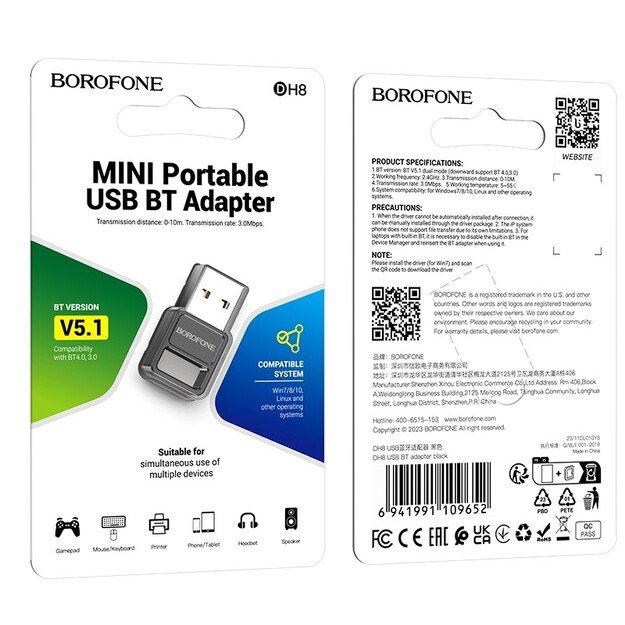 Bluetooth adapteris Borofone DH8 Bluetooth 5.1 juodas 5