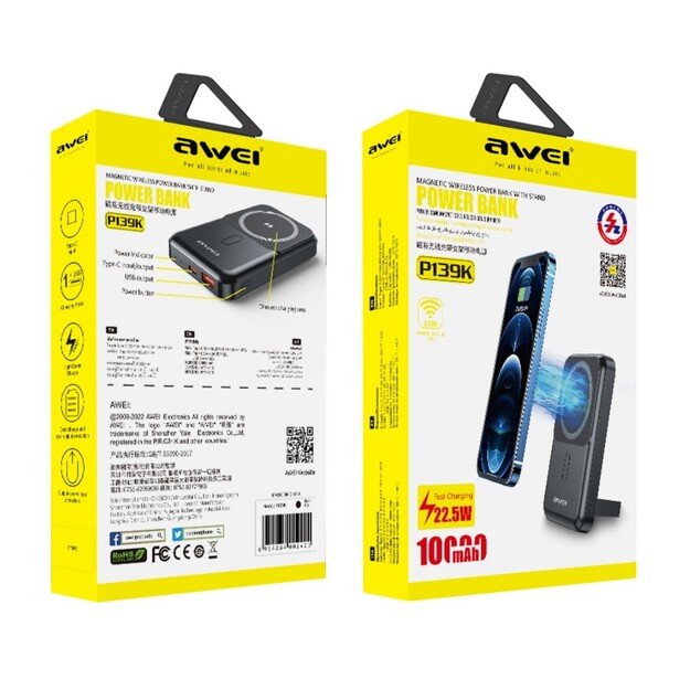 I&scaron;orinė baterija Power Bank Awei P139K 22.5W Magnetic Wireless 10000mAh juoda 5