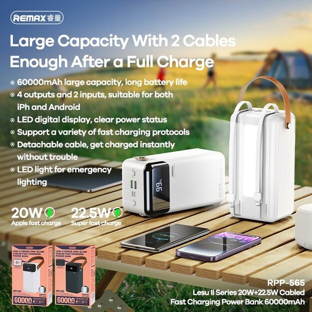 I&scaron;orinė baterija Power Bank Remax RPP-565 22.5W 60000mAh pilka 1