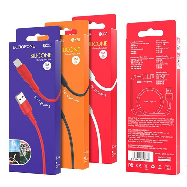USB kabelis Borofone BX30 Lightning 1.0m silikoninis baltas 2