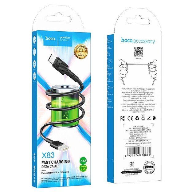 USB kabelis Hoco X83 USB-A to MicroUSB 1.0m juodas 5