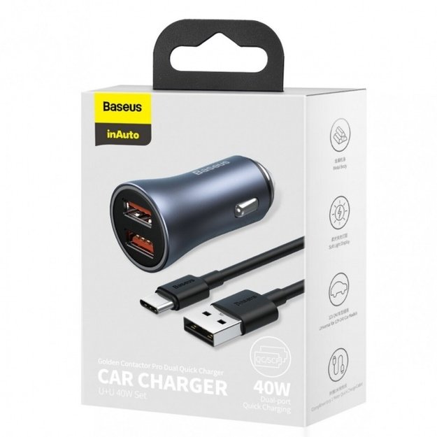 Baseus Golden Contactor Pro fast car charger 2x USB 40 W Quick Charge SCP FCP AFC + USB cable - USB Type C Gray 1