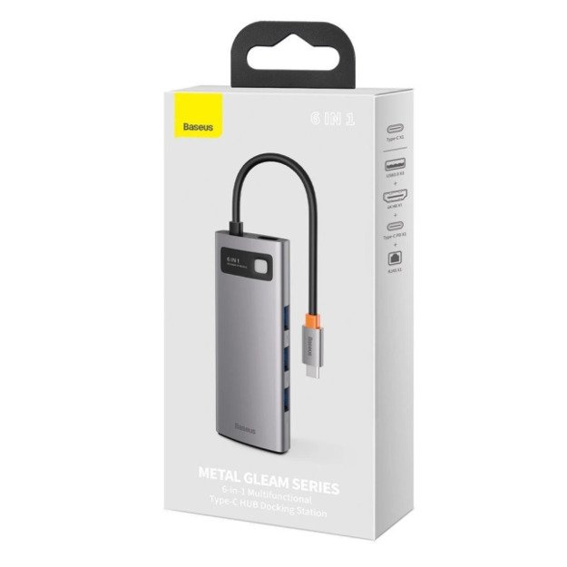 Hub 6in1 Baseus Metal Gleam Series, USB-C to 3x USB 3.0 + HDMI + USB-C PD + Ethernet RJ45, Gray 2