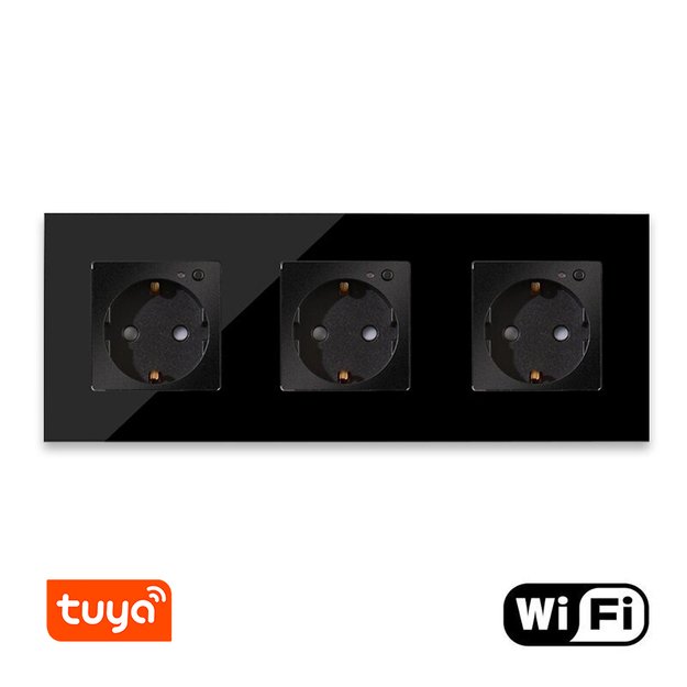 Trivietis WiFi ki&scaron;tukinis lizdas su stikliniu rėmeliu Feelspot, juodas