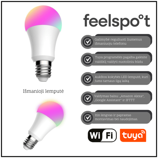 I&scaron;manioji lemputė Feelspot FS-BL01W E27 Wi-fi, RGB, Tuya