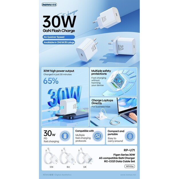 Įkroviklis Remax RP-U71 30W GaN USB-C + USB-C to USB-C cable 1.0m baltas 2