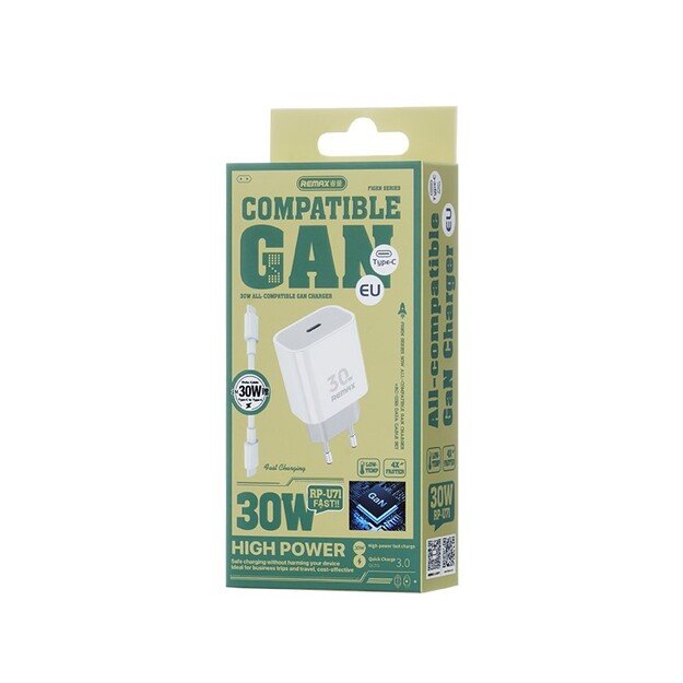 Įkroviklis Remax RP-U71 30W GaN USB-C + USB-C to USB-C cable 1.0m baltas 1