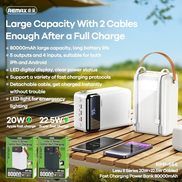 I&scaron;orinė baterija Power Bank Remax RPP-566 22.5W 80000mAh pilka 1
