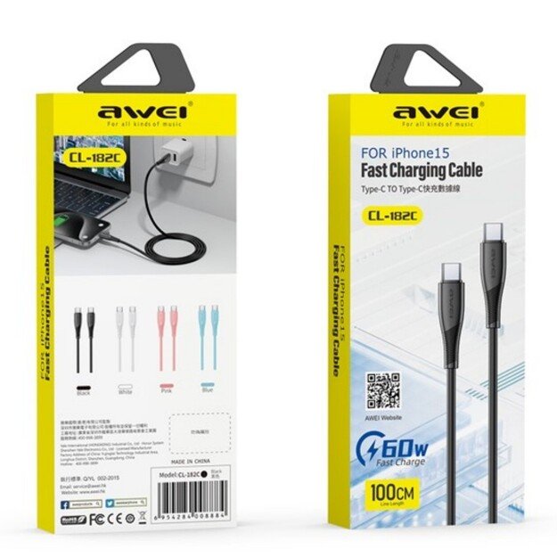 USB kabelis Awei CL-182C USB-C to USB-C 1.0m juodas 1