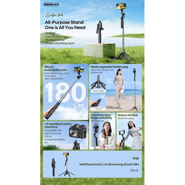 Asmenukių lazda Remax P30 1.8m juoda 2