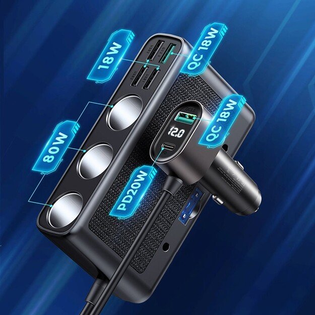 Automobilinis įkroviklis Joyroom 9in1 154W 3x12V, PD USB Type-C, QC3.0 USB-A, 4xUSB-A JR-CL06 1