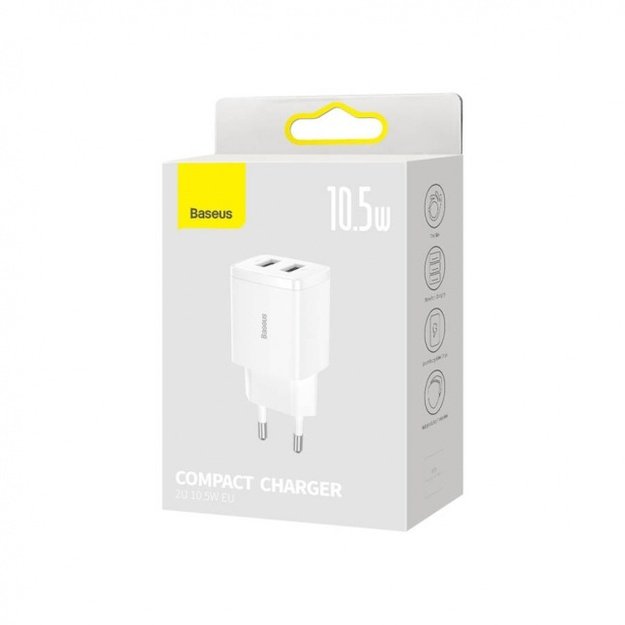 Baseus Compact Quick Charger, 2x USB, 10.5W White 3