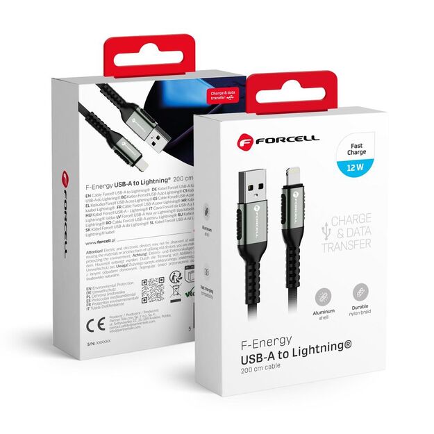Cable USB A to Lightning Forcell F-Energy 2,4A 12W Cafule 2 m C257 black