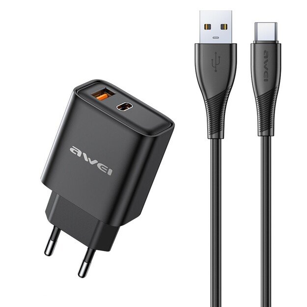 Įkroviklis Awei PD81T-EU 22.5W USB-A/USB-C + USB-A to USB-C cable 1.0m juodas