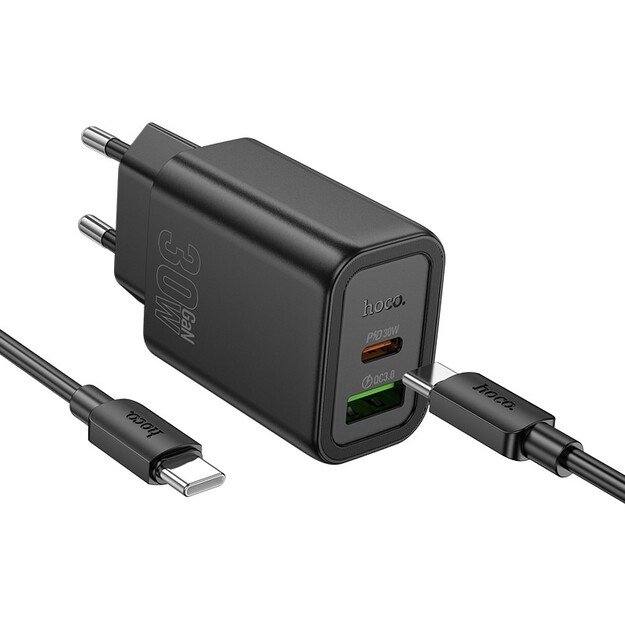 Įkroviklis Hoco N63 30W GaN USB-C/USB-A + USB-C to USB-C cable 1.0m juodas