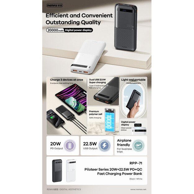I&scaron;orinė baterija Power Bank Remax RPP-71 22.5W 10000mAh juoda 2