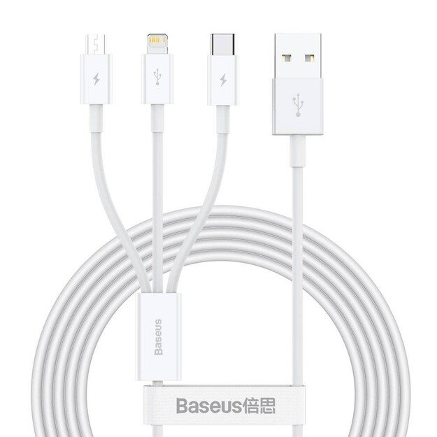 Kabelis Baseus Superior i&scaron; USB į microUSB+Lightning+Type-C 3.5A 1.5m baltas CAMLTYS-02