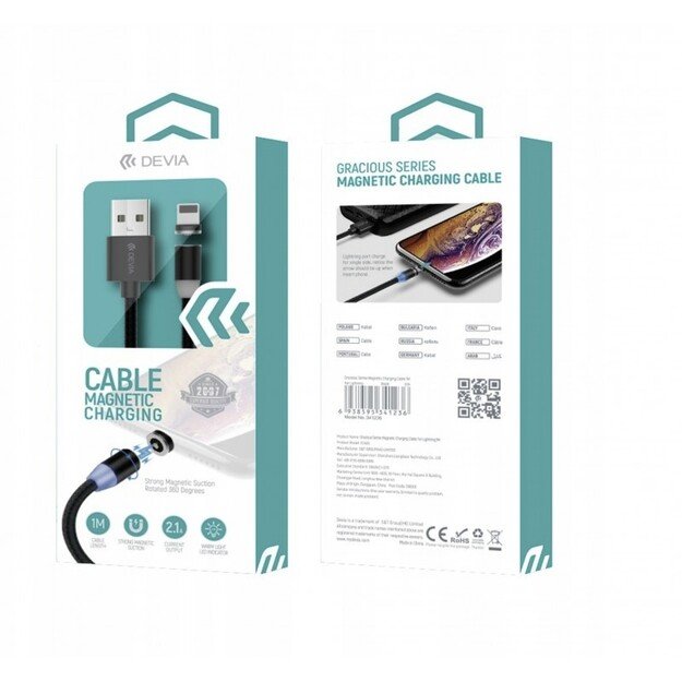 USB kabelis Devia Gracious Magnetic Lightning 1.0m juodas 5V 2.1A 1