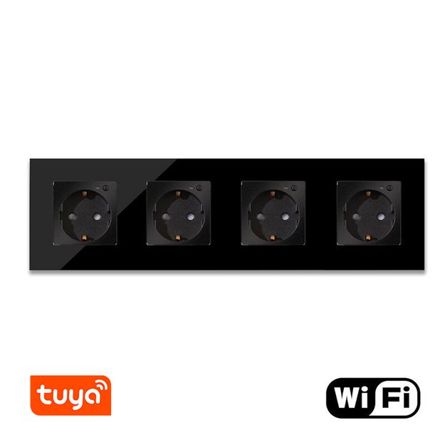 Keturvietis WiFi ki&scaron;tukinis lizdas su stikliniu rėmeliu Feelspot, juodas