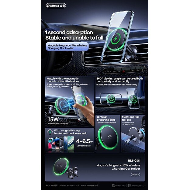 Automobilinis laikiklis-įkroviklis Remax RM-C01 MagSafe 15W juodas 2