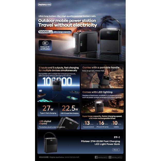 I&scaron;orinė baterija Power Bank Remax FP-1 22.5W 100000mAh juoda 2