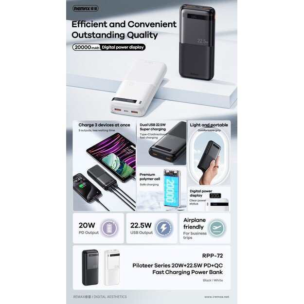 I&scaron;orinė baterija Power Bank Remax RPP-72 22.5W 20000mAh juoda 2