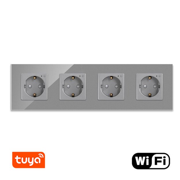 Keturvietis WiFi ki&scaron;tukinis lizdas su stikliniu rėmeliu Feelspot, pilkas