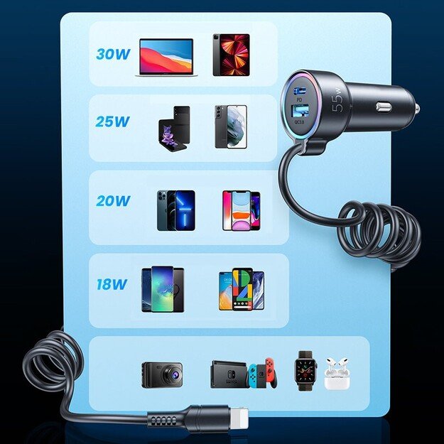 Automobilinis įkroviklis Joyroom JR-CL07 3-in-1 USB/Type-C 55W + Type-C 1.5m juodas 4