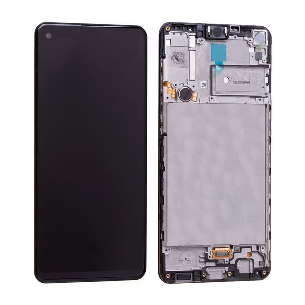 Ekranas Samsung A217 A21s su lietimui jautriu stikliuku ir rėmeliu originalus Black (service pack)