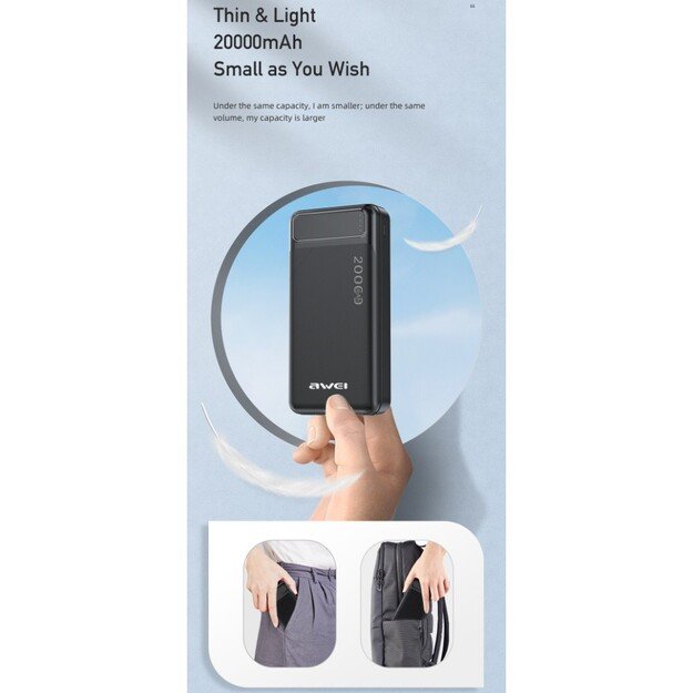 I&scaron;orinė baterija Power Bank Awei P6K 5V/2.1A 20000mAh juoda 2