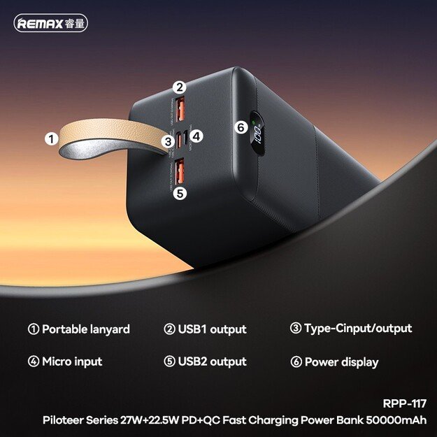 I&scaron;orinė baterija Power Bank Remax RPP-117 22.5W 50000mAh juoda 2