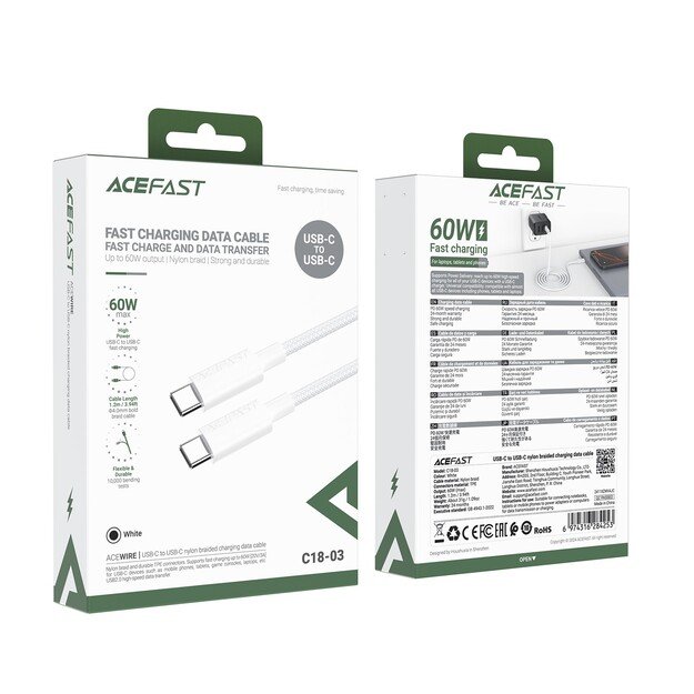 USB kabelis Acefast C18-03 60W USB-C to USB-C 1.2m baltas 5