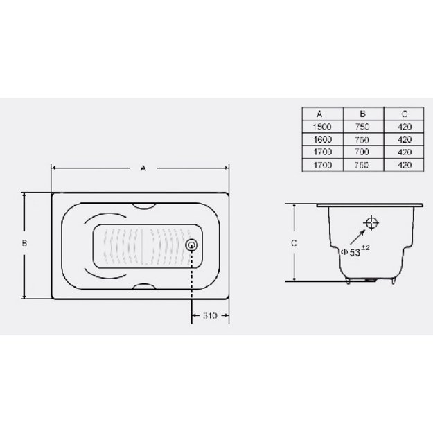 Ketinė vonia MASSI 170x75x42 su rankenomis 1