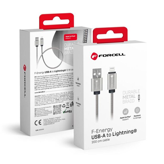 Cable USB A to Lightning Forcell F-Energy 2,4A 12W Metal 2 m C236 silver