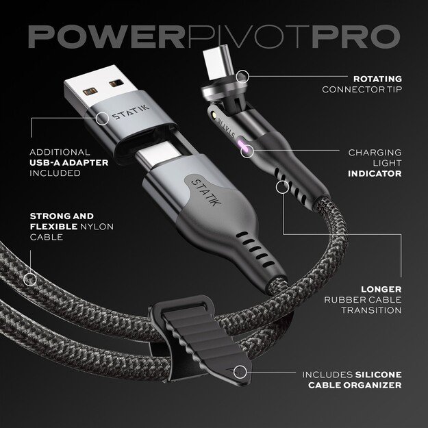 STATIK PowerPivot Pro Nylon Braided Cabel, USB-C to USB-C, 3m, Balck 7
