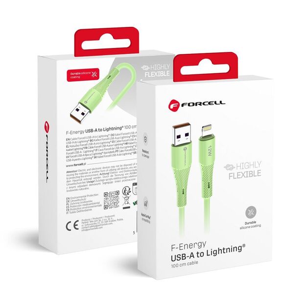 Cable USB A to Lightning Forcell F-Energy 2,4A 12W Silicone 1 m C343 green