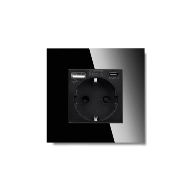 Vienvietis ki&scaron;tukinis lizdas su stikliniu rėmeliu Feelspot, su USB+C jungtimis, juodas